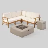Illona 7pc Acacia Wood V-Shaped Sofa & Square Fire Table Set Teak/Crme/Light Gray- Christopher Knight Home -Outdoor Furniture Store GUEST bb1a370d 2bfd 4420 a9ed b6a17c9eb234