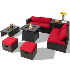 Tangkula 9PCS Outdoor Patio Furniture Set With 30" Propane Fire Pit Table PE Wicker Space-Saving Sectional Sofa Set W/ Storage Box & Cushions -Outdoor Furniture Store GUEST bb85bf94 1308 408e 8214 6f4bdb39806d