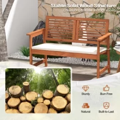 Costway Patio Bench Outdoor Solid Wood Loveseat Chair With Backrest & Cushion Porch Garden -Outdoor Furniture Store GUEST bbaef6bd e603 4787 9134 0642b91dc071