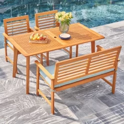 Waimea 4pc Honey Slatted Eucalyptus Wood Patio Dining Set With Bench & Cushions - Vifah -Outdoor Furniture Store GUEST bc168846 b23a 4a83 b97d 4bec4530d16f