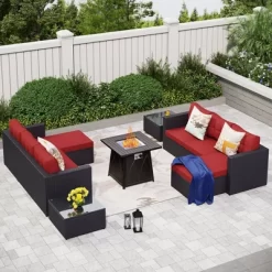 Captiva Designs 7pc Steel & Wicker Outdoor Square Fire Pit Furniture Set With Cushions -Outdoor Furniture Store GUEST bd495b68 983d 465f 9a48 b08f3a49b6f4