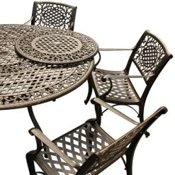 7pc Patio Dining Set With 59" Ornate Traditional Mesh Lattice Aluminum Round Table With Lazy Susan - Bronze - Oakland Living