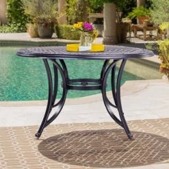 48" Round Aluminum Casting Patio Dining Table With Umbrella Hole - Black - WELLFOR
