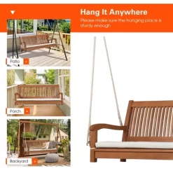 Costway 2-Person Hanging Porch Swing Wood Bench With Cushion Curved Back Outdoor Natural -Outdoor Furniture Store GUEST c108f59e 9649 44b3 89f1 5341e83abf09