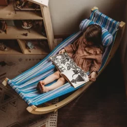 HearthSong - Kids Indoor Lightweight Wood And Blue Cotton Polyester Rocking Floor Hammock With Pillow, 50"L X 14"W -Outdoor Furniture Store GUEST c2965fc0 6d2e 4e76 a3f1 501d0c2ba86a