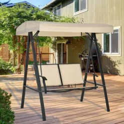 Outdoor Furniture Store 25 Outsunny 2-Person Patio Swings With Canopy, Outdoor Canopy Swing With Adjustable Shade, Breathable Mesh Seats And Steel Frame For Garden, Poolside, Backyard