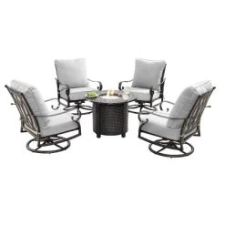 5pc Outdoor Dining Set With 34" Aluminum Round Basket Weave Design Fire Table, Deep Seating Swivel Rocking Chairs & Covers - Oakland Living