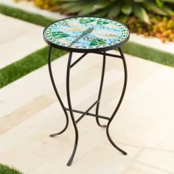 Teal Island Designs Black Round Outdoor Accent Side Tables 14" Wide Set Of 2 Green Dragonfly Tabletop For Front Porch Patio Home House -Outdoor Furniture Store GUEST c2fcc3d1 ce75 47fb bb9d abba7d680232