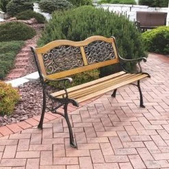 Sunnydaze Decor Sunnydaze 2-Person Ivy Crossweave Design Cast Iron And Wood Frame Outdoor Garden Bench -Outdoor Furniture Store GUEST c3700976 4d7f 4f03 84b6 dc2b11f46b52