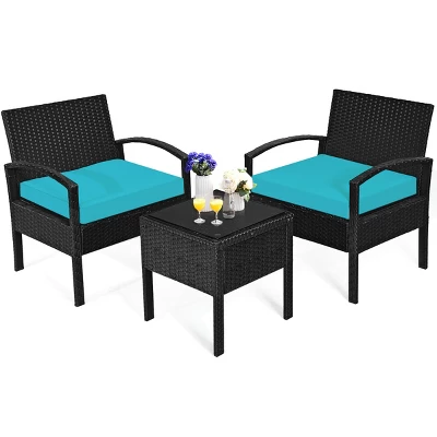 Tangkula 3 Pieces Patio Set Outdoor Wicker Rattan Furniture W/ Cushions Turquoise 4 Tangkula 3 Pieces Patio Set Outdoor Wicker Rattan Furniture W/ Cushions Turquoise - Image 2