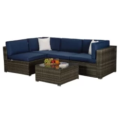 5pc Outdoor Rattan Wicker Sectional Conversation Set With Cushions - Brown/Blue - GODEER 12 5pc Outdoor Rattan Wicker Sectional Conversation Set With Cushions - Brown/Blue - GODEER -Outdoor Furniture Store GUEST c431f990 0f0c 4401 ac88 73df5d5b479b