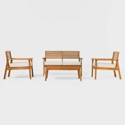 Saracina Home 4pc Mid-Century Modern Slatted Acacia Outdoor Patio Conversation Furniture Set -Outdoor Furniture Store GUEST c4d7d1d2 081c 481c b87f 5213fd61bac6