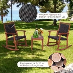 Costway 3PCS Patio Rattan Rocking Chair Bistro Set Acacia Wood Frame Armrest -Outdoor Furniture Store GUEST c53417f3 5959 4866 ab17 8905c3c8358c