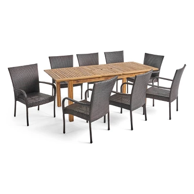 Hayes 9pc Wood & Wicker Expandable Dining Set - Natural/Brown - Christopher Knight Home 3 Hayes 9pc Wood & Wicker Expandable Dining Set - Natural/Brown - Christopher Knight Home