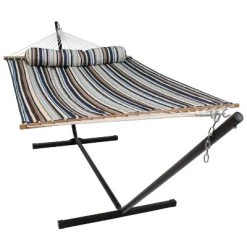 Sunnydaze Decor Sunnydaze Outdoor 2-Person Double Polyester Quilted Hammock With Wood Spreader Bar And 12ft Black Steel Stand -Outdoor Furniture Store GUEST c6a538cb 58c7 4a5e b476 641708283902
