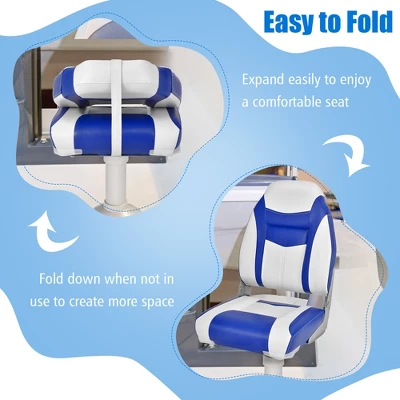 Costway High Back Folding Boat Seats W/ Blue White Sponge Cushion & Flexible Hinges 4 Costway High Back Folding Boat Seats W/ Blue White Sponge Cushion & Flexible Hinges - Image 2