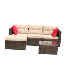 5pc Wicker Patio Sectional Seating Set With Shallow Cushions - Brown - GODEER -Outdoor Furniture Store GUEST c6d15b96 8e8c 47f3 8586 9431a15627e3
