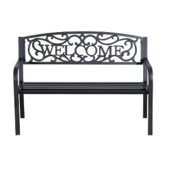 Outsunny 50" Outdoor Metal Welcome Bench, Powder Coated Cast Iron Sign & Steel Frame, 2 Person Bench With Antique Vine Motifs & Slatted Seat, Black -Outdoor Furniture Store GUEST c84c0508 1ce3 465a 90ac b4f94e3b2254