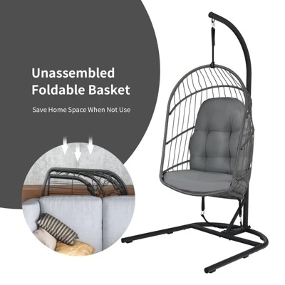 Tangkula Modern Rattan Hanging Egg Swing Chair W/Stand Foldable Cushioned Hammock Gray/Beige 5 Tangkula Modern Rattan Hanging Egg Swing Chair W/Stand Foldable Cushioned Hammock Gray/Beige - Image 3