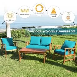 Costway 8PCS Wooden Patio Furniture Set Table Sofa Chair Cushioned Garden Turquoise -Outdoor Furniture Store GUEST cae35124 ec70 4e6b bf27 ebced8fa816c