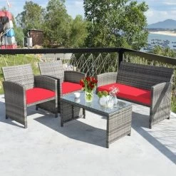 Costway 4PCS Patio Rattan Furniture Set Conversation Glass Table Top Cushioned TurquoiseRed -Outdoor Furniture Store GUEST cb6af7b6 0834 4c27 b0f0 c9c05971d1c0