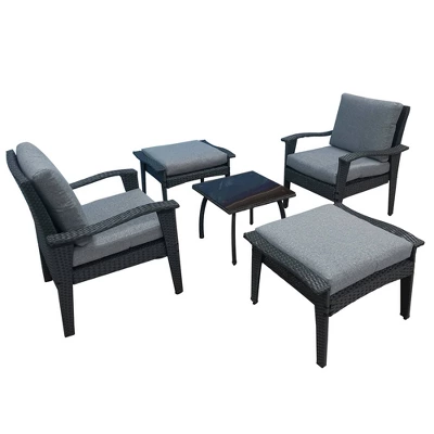 5pc Outdoor Wicker Conversation Set With Arm Chairs, Accent Table & Ottomans - Gray - GODEER 5 5pc Outdoor Wicker Conversation Set With Arm Chairs, Accent Table & Ottomans - Gray - GODEER - Image 3
