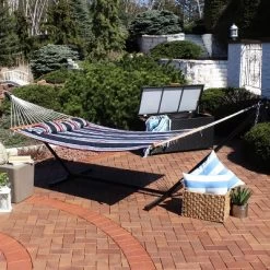 Sunnydaze Decor Sunnydaze Outdoor 2-Person Double Polyester Quilted Hammock With Wood Spreader Bar And 12ft Black Steel Stand -Outdoor Furniture Store GUEST cbb6ed69 6ad8 4702 a776 5c9aea1839a8