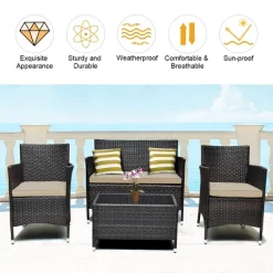 Costway 4PCS Rattan Patio Furniture Set Cushioned Sofa Chair Coffee Table Garden -Outdoor Furniture Store GUEST cbcb179e 0bd1 472e af4e c40996507a78