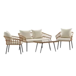Emma And Oliver Four Piece Indoor/Outdoor Boho Open Weave Natural Rattan Rope Patio Set With Two Chairs, Loveseat And Table With Cushions -Outdoor Furniture Store GUEST ccbb9d37 4713 46fa 8988 7bf40ee26423