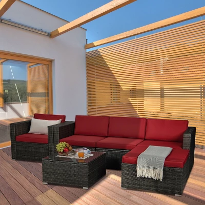 6pc Outdoor Rattan Wicker Conversation Set With Chairs, Coffee Table & Cushions - Gray/Red - GODEER 3 6pc Outdoor Rattan Wicker Conversation Set With Chairs, Coffee Table & Cushions - Gray/Red - GODEER