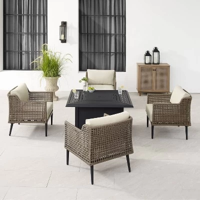 Southwick 5pc Outdoor Wicker Conversation Set With 4 Arm Chairs & Dante Fire Table - Cream/Light Brown - Crosley 4 Southwick 5pc Outdoor Wicker Conversation Set With 4 Arm Chairs & Dante Fire Table - Cream/Light Brown - Crosley - Image 2