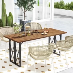Costway 67'' Patio Rectangle Table Heavy-Duty Acacia Wood Dining Table With Umbrella Hole -Outdoor Furniture Store GUEST cf35e51e 1255 41e3 8574 e1a17ed84e0a