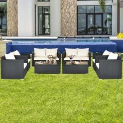 Costway 8PCS Patio Rattan Furniture Set Cushioned Sofa Chair Coffee Table TurquoiseRedBlack -Outdoor Furniture Store GUEST cf627e00 4b5d 44c1 b5a4 45f0183eb729