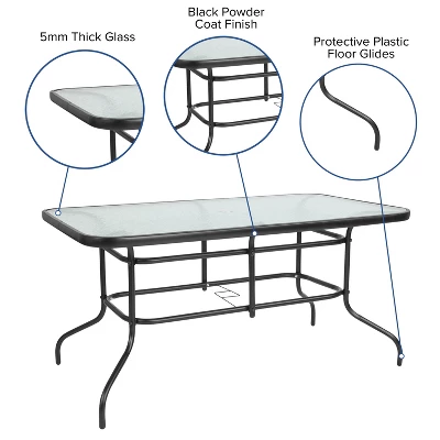 Emma And Oliver 7 Piece Patio Table & Chairs Set With 31.5"x55" Rectangular Metal Table With Tempered Glass Top And 6 Black Aluminum Stacking Chairs 4 Emma And Oliver 7 Piece Patio Table & Chairs Set With 31.5"x55" Rectangular Metal Table With Tempered Glass Top And 6 Black Aluminum Stacking Chairs - Image 2