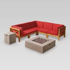 Brava 7pc Acacia Sectional Sofa Set With Fire Pit - Christopher Knight Home
