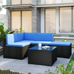 5pc Wicker Patio Sectional Seating Set With Cushions - Black/Blue - GODEER -Outdoor Furniture Store GUEST d08e1c90 219e 4be2 ae25 3dddae9ce1f7
