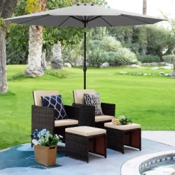 5pc Outdoor Wicker Set With Chairs, Umbrella & Ottomans - Devoko -Outdoor Furniture Store GUEST d1484c36 f145 4de1 be6a 5871d566de21
