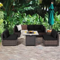 Costway 7PCS Patio Rattan Furniture Set 30'' Fire Pit Table Cover Cushion Sofa Off WhiteBlackNavyRedTurquoise -Outdoor Furniture Store GUEST d169476b 9fe1 4aac ab5a eb821d8c8c85