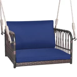 Costway Porch Swing Chair Rattan Woven Hanging Bench Seat With Cushions Hooks Balcony Navy -Outdoor Furniture Store GUEST d1b03899 3376 48da aeea 3cfc1716829e