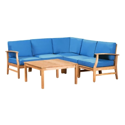 Perla 6pc Acacia Wood Patio Chat Set - Blue - Christopher Knight Home 3 Perla 6pc Acacia Wood Patio Chat Set - Blue - Christopher Knight Home
