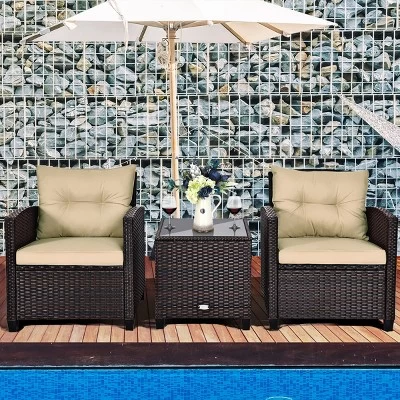 Costway 3PCS Patio Rattan Furniture Set Cushioned Conversation Set Sofa 3 Costway 3PCS Patio Rattan Furniture Set Cushioned Conversation Set Sofa