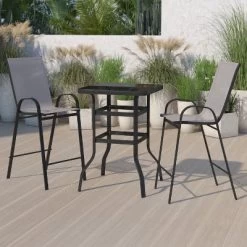 Emma And Oliver 3 Piece Outdoor Bar Height Set-Glass Patio Bar Table-All-Weather Barstools