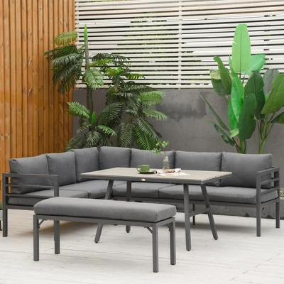 Outsunny 4 Piece Patio Furniture Set, Outdoor L-Shaped Sectional Sofa With 2 Couches, Bench, Dining Table, Cushions, Aluminum Conversation Set, Gray 3 Outsunny 4 Piece Patio Furniture Set, Outdoor L-Shaped Sectional Sofa With 2 Couches, Bench, Dining Table, Cushions, Aluminum Conversation Set, Gray