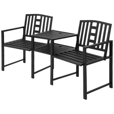 Outsunny Metal Garden Bench With Middle Table And Umbrella Hole, 2-in-1 Double Patio Chairs, Outdoor 2-person Tete-a-Tete, Slatted, Black 5 Outsunny Metal Garden Bench With Middle Table And Umbrella Hole, 2-in-1 Double Patio Chairs, Outdoor 2-person Tete-a-Tete, Slatted, Black - Image 3