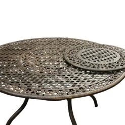 59" Round Ornate Traditional Outdoor Mesh Lattice Aluminum Dining Table With Lazy Susan - Bronze - Oakland Living