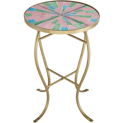 Teal Island Designs Modern Gold Round Outdoor Accent Side Table 14 1/4" Wide Pink Green Mosaic Tabletop For Front Porch Patio House Balcony 7 Teal Island Designs Modern Gold Round Outdoor Accent Side Table 14 1/4" Wide Pink Green Mosaic Tabletop For Front Porch Patio House Balcony - Image 5