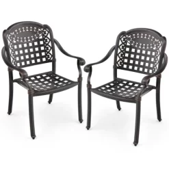 Costway 2pcs Patio Cast Aluminum Armrest Chairs Dining Stackable Outdoor Bronze/White -Outdoor Furniture Store GUEST d64bb144 08ba 4859 83ca 3d2db7cd715b