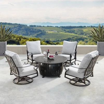 5pc Set With 44" Outdoor Aluminum Round Fire Table & 4 Deep Seating Swivel Rocking Chairs & Wind Blocker Lid - Oakland Living 3 5pc Set With 44" Outdoor Aluminum Round Fire Table & 4 Deep Seating Swivel Rocking Chairs & Wind Blocker Lid - Oakland Living