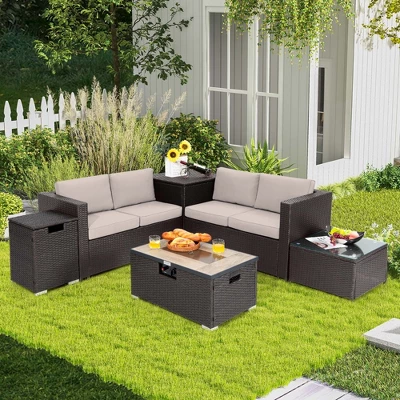 Costway 6PCS Patio Rattan Furniture Set 32'' Fire Pit Table Tank Holder With Cover Beige/Navy/Red/Turquoise 15 Costway 6PCS Patio Rattan Furniture Set 32'' Fire Pit Table Tank Holder With Cover Beige/Navy/Red/Turquoise - Image 13