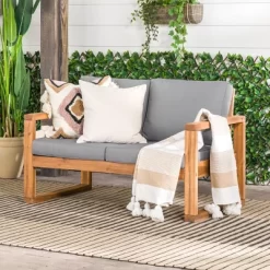 Galia Square Leg Acacia Wood Patio Loveseat With Cushions - Brown - Saracina Home